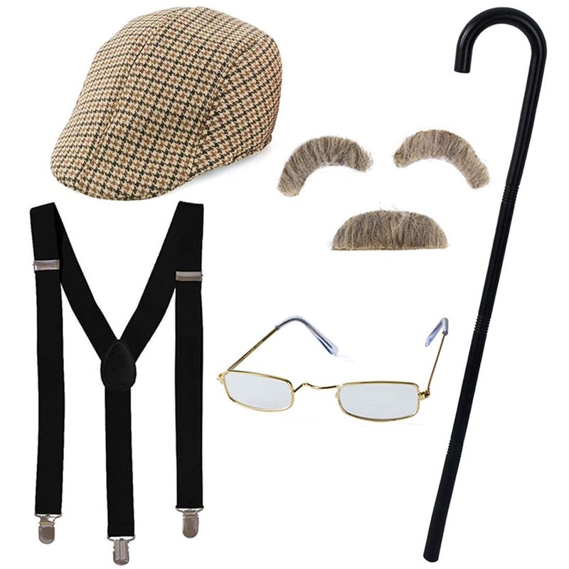 Tigerdoe Old Man Costume - Grandpa Costume with Cane - Old Man Glasses, Eyebrows, Mustache, Hat - Image 1
